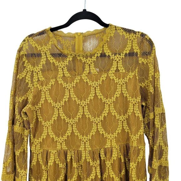 Xhilaration  Mustard Yellow Lace Bell Sleeve Dress L Tea Length Retro 70s Hippie - Picture 4 of 10